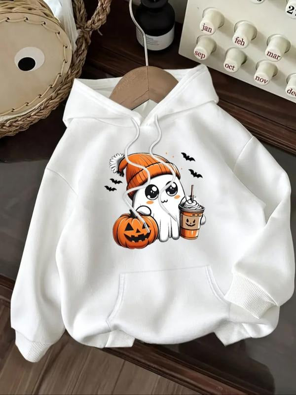 Women's Casual Fashion Loose Cartoon Halloween Ghost Pumpkin Print Hoodie, Fall & Winter Fitted Kint Fabric Sweatshirt...