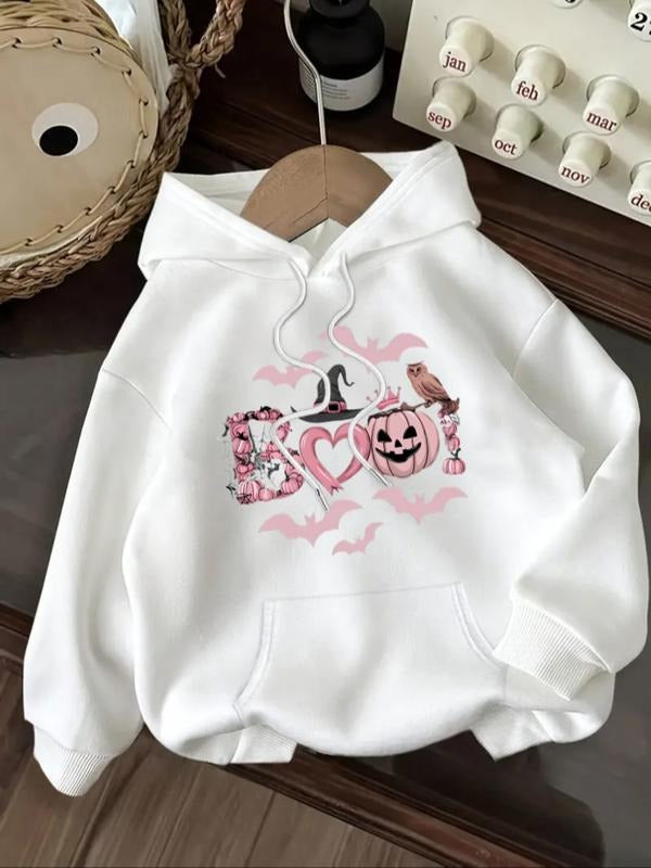 Women's Casual Fashion Loose Cartoon Halloween Pumpkin Bat Print Hoodie, Fall & Winter Fitted Kint Fabric Sweatshirt T-Shirts