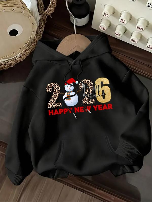 Women's Casual Fashion Loose Cartoon Happy New Year Letter Print Hoodie, Fitted Sporty Sweatshirt for Fall & Winter style...