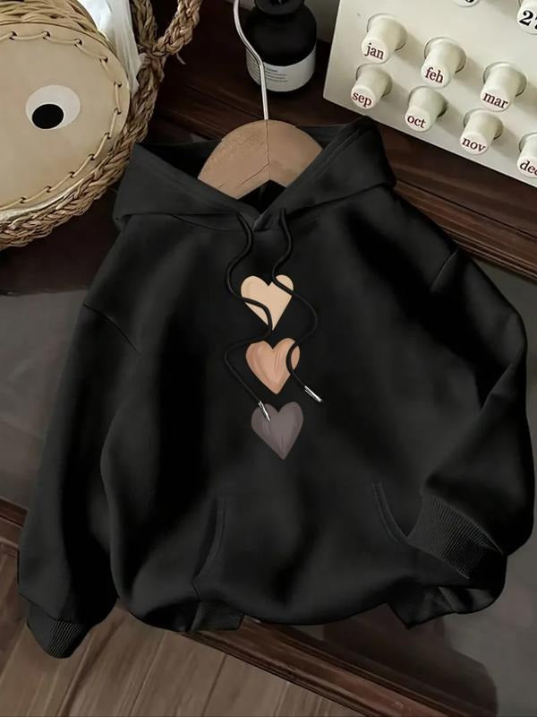 Women's Casual Fashion Loose Cartoon Heart Pattern Print Hoodie, Fall & Winter Fitted Sporty Sweatshirt, Comfortable Kint...