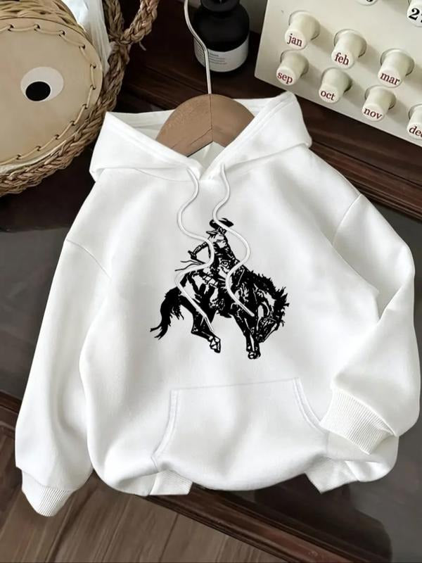 Women's Casual Fashion Loose Cartoon Horse Print Hoodie, Fall & Winter Fitted Letter Pattern Sweatshirt, Moderate Fabric...