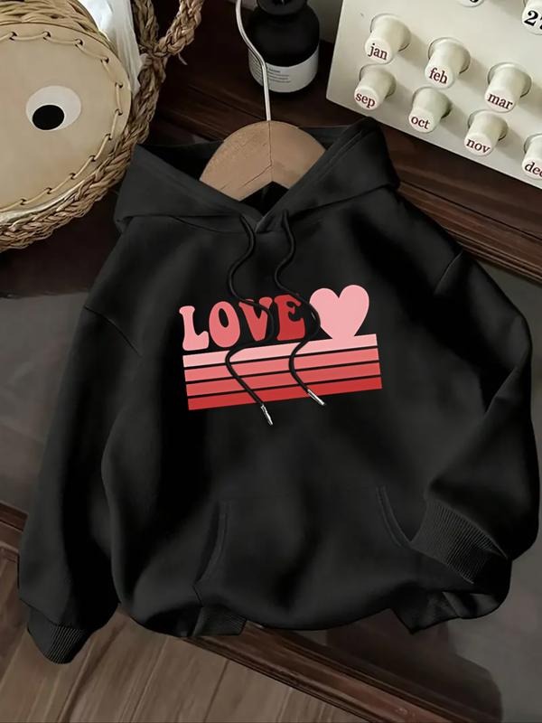 Women's Casual Fashion Loose Cartoon Love Heart Letter Pattern Print Hoodie, Fall & Winter Fitted Sporty Sweatshirt T-Shirts