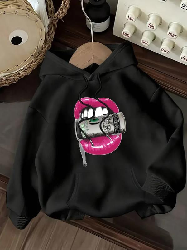 Women's Casual Fashion Loose Cartoon Mouth Print Hoodie, Fall & Winter Fitted Letter Pattern Sweatshirt, Moderate Fabric...