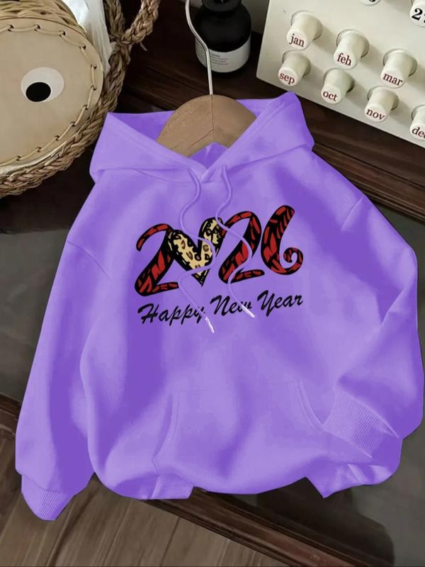 Women's Casual Fashion Loose Cartoon New Year Heart Letter Print Hoodie, Fall & Winter Fitted Sporty Sweatshirt T-Shirts