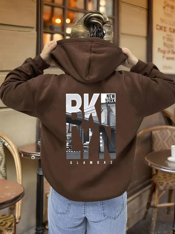 Women's Casual Fashion Loose Cartoon New York Building Letter Print Hoodie, Fall & Winter Fitted Kint Fabric Sweatshirt...