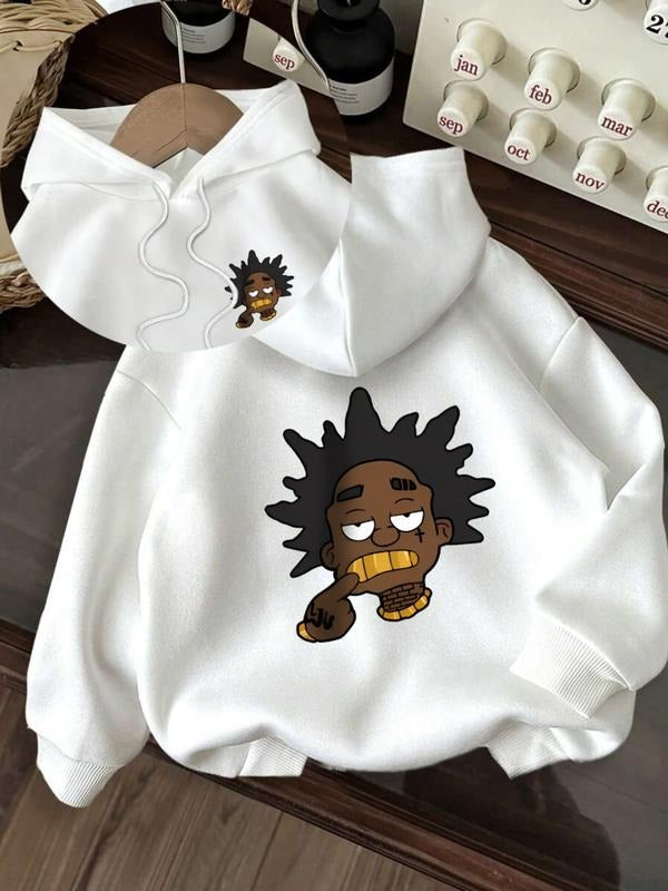 Women's Casual Fashion Loose Cartoon Print Hoodie, Cute Boy Pattern Pullover Sweatshirt, Fall & Winter Fitted Design T-Shirts