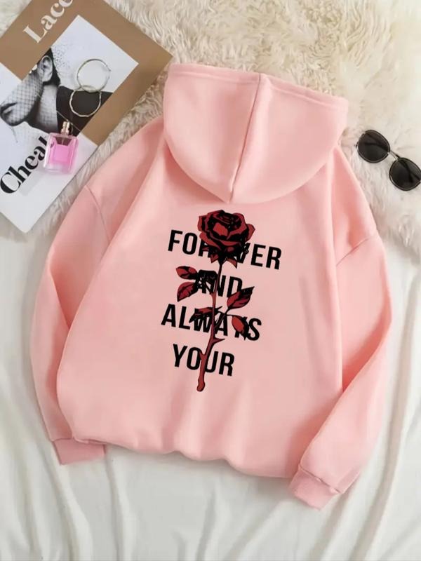 Women's Casual Fashion Loose Cartoon Rose Letter Print Hoodie, Fall & Winter Fitted Sporty Sweatshirt, Comfortable and...