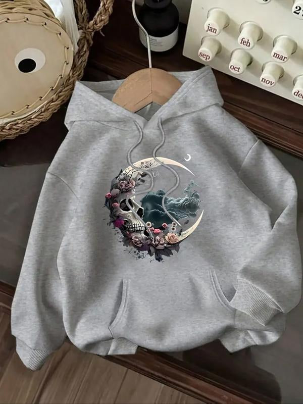 Women's Casual Fashion Loose Cartoon Skull & Moon Print Hoodie, Fall Winter Fitted Kint Fabric, Moderate Thick Sporty...