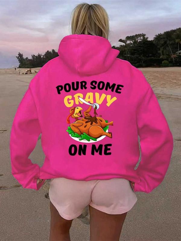 Women's Casual Fashion Loose Cartoon Thanksgiving Letter Print Hoodie, Fall & Winter Fitted Kint Fabric Sweatshirt,...