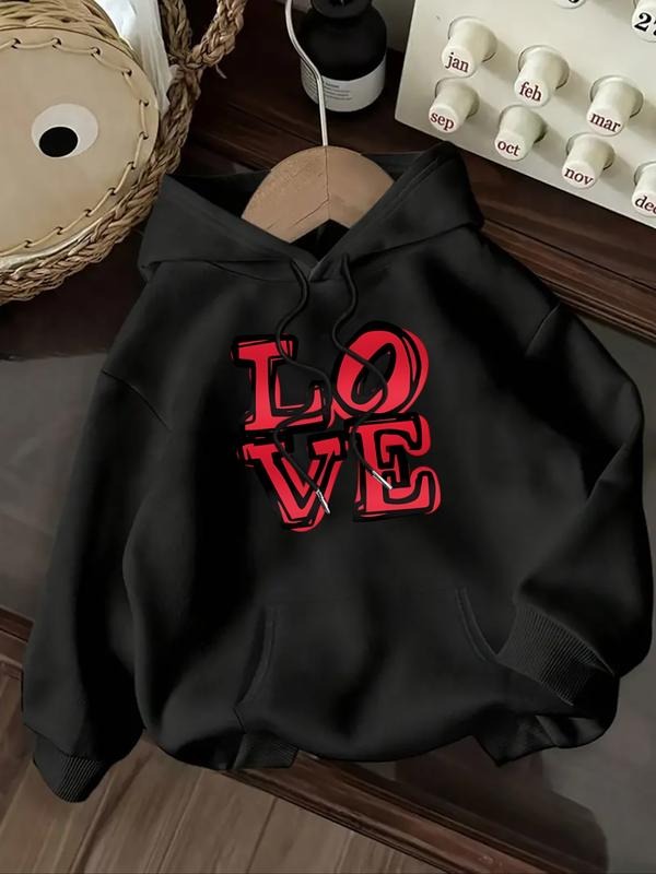 Women's Casual Fashion Loose Cartoon Valentine's Day Letter Print Hoodie, Fitted Sporty Sweatshirt for Fall & Winter T-Shirts