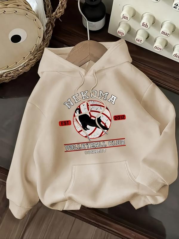 Women's Casual Fashion Loose Cartoon Volleyball Club Pattern Printed Hoodie, Fall & Winter Fitted Letter Design...