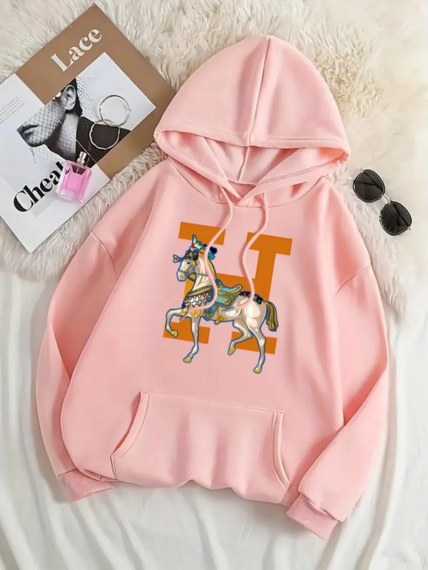Women's Casual Fashion Loose Fit Cartoon Animal Horse Print Hoodie, Fall & Winter Fitted Sporty Sweatshirt, Letter...