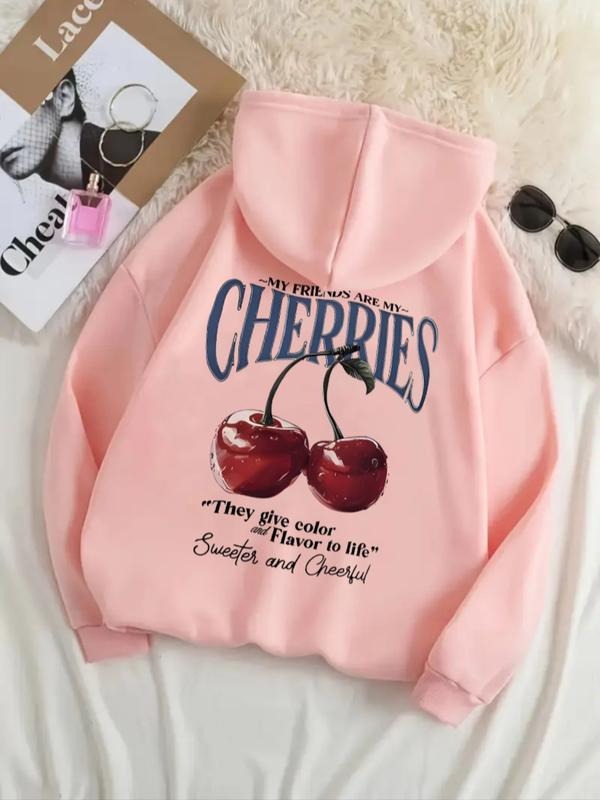 Women's Casual Fashion Loose Fit Cartoon Cherry Print Hoodie, Fall & Winter Sportswear, Letter Pattern, Fitted Style,...