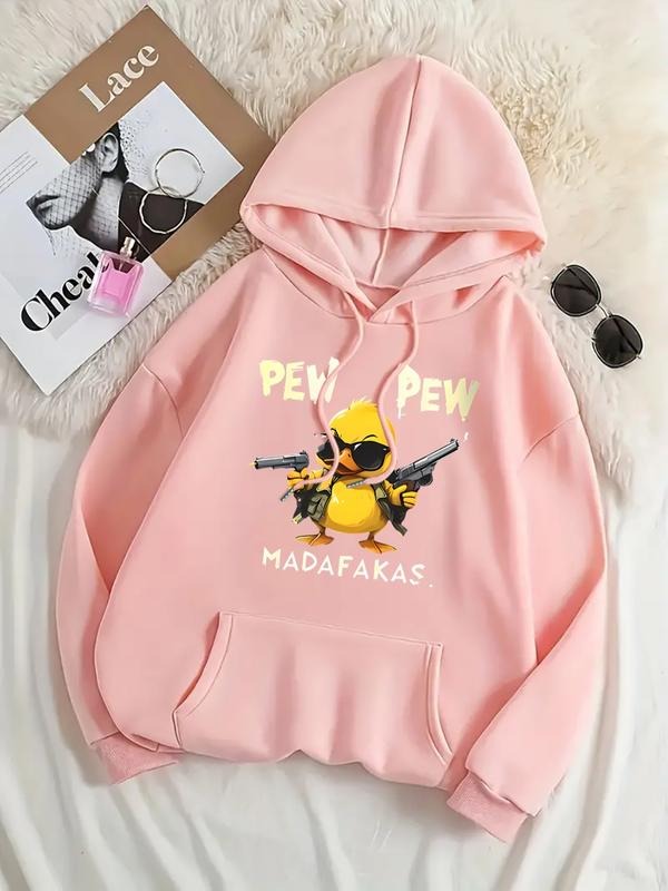 Women's Casual Fashion Loose Fit Cartoon Duck Print Hoodie, Fall & Winter French Terry Sweatshirt, Animal Pattern Letter...
