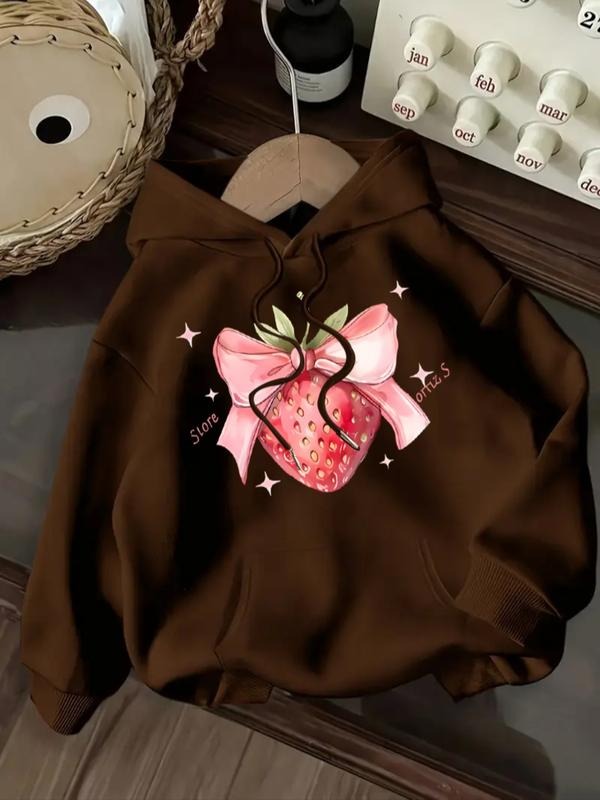 Women's Casual Fashion Loose Fit Strawberry Letter Print Hoodie, Comfortable Cartoon Pattern Sweatshirt for Fall & Winter...