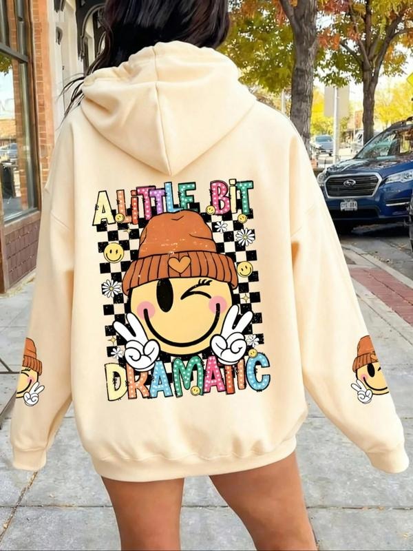 Women's Casual Hooded Drawstring Sweatshirt with Large Pocket, Smiley & Letter Print, Comfortable Fashion for Fall &...