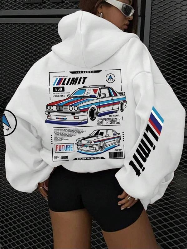 Women's Casual Hooded Zip Pocket Sweatshirt with Racing Print, Loose-Fitting Spring & Fall Jacket, Trendy and Comfortable...