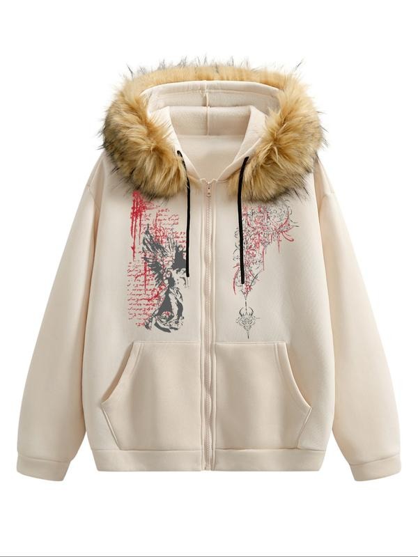 Women's Casual Hooded Zipper Pocket Sweatshirt, Detachable Fur Collar, Angel & Letter Print, Spring and Fall Fashion,...