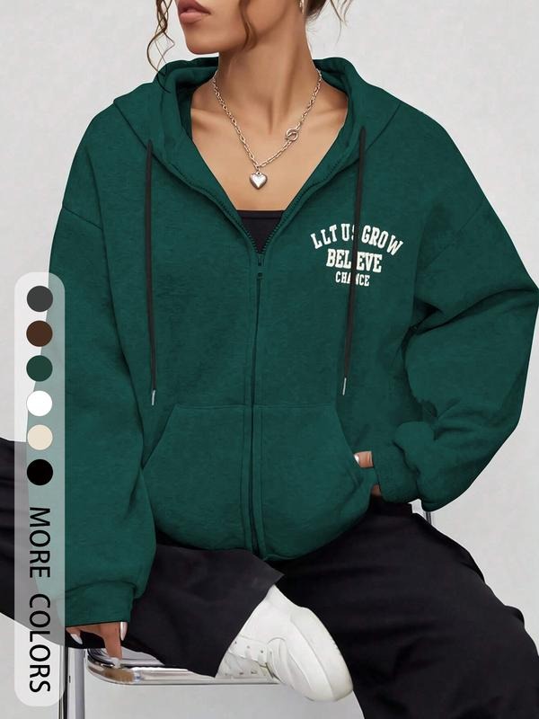 Women's Casual Hooded Zipper Pocket Sweatshirt, Text Print, Spring and Fall Fashion, Daily Wear, Commuter Friendly...