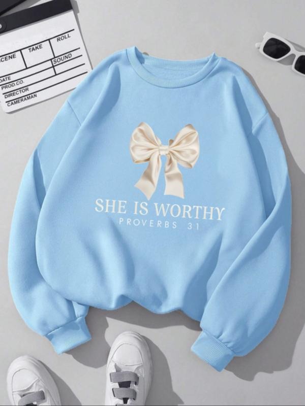 Women's Casual Loose-Fit Cartoon Bow Print Pullover Sweatshirt, Round Neck Long Sleeve Fall & Winter Fashion, Moderate...