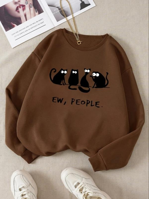 Women's Casual Loose-Fit Round Neck Cartoon Cat Letter Print Pullover Sweatshirt, Fall & Winter Fashion, Moderate Fabric...