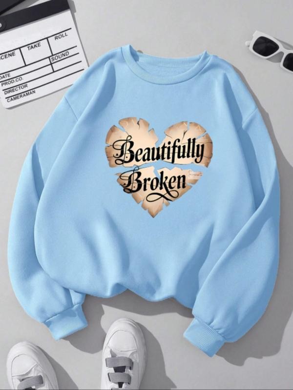 Women's Casual Loose-Fit Round Neck Cartoon Heart Letter Print Pullover Sweatshirt, Fall & Winter Fashion, Moderate...