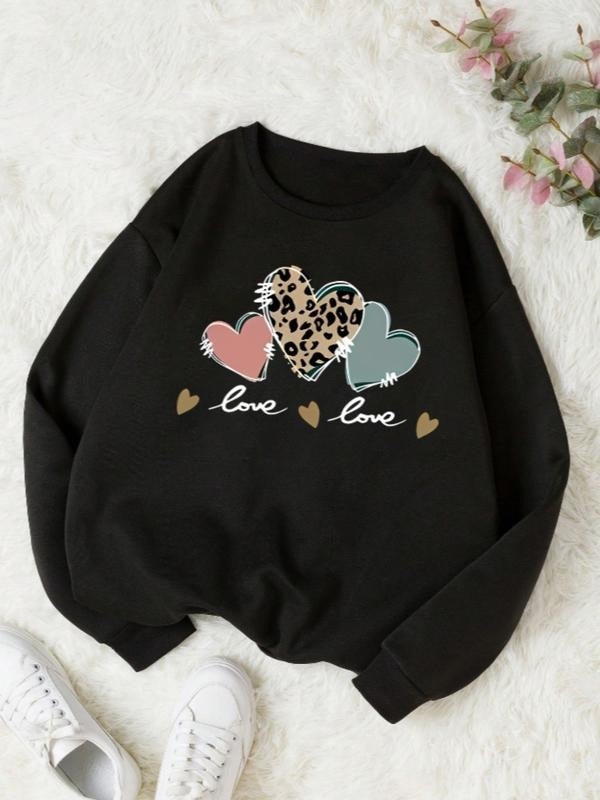 Women's Casual Loose-Fit Round Neck Cartoon Heart Letter Print Pullover Sweatshirt, Fall & Winter Fashion, Moderate...