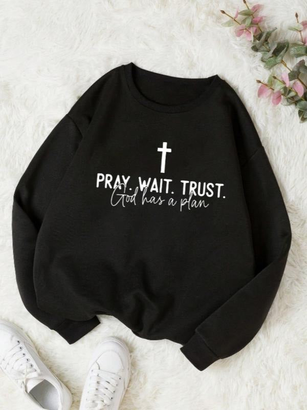 Women's Casual Loose-Fit Round Neck Cartoon Letter Print Pullover Sweatshirt, Fall & Winter Fashion, Moderate Fabric...