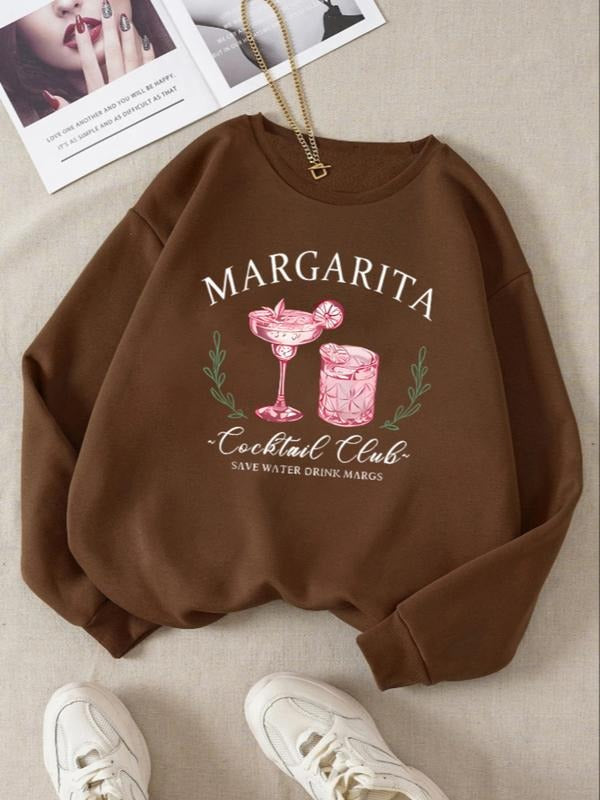 Women's Casual Loose-Fit Round Neck Cartoon Print Pullover Sweatshirt, Fall & Winter Fashion, Moderate Fabric, Letter...