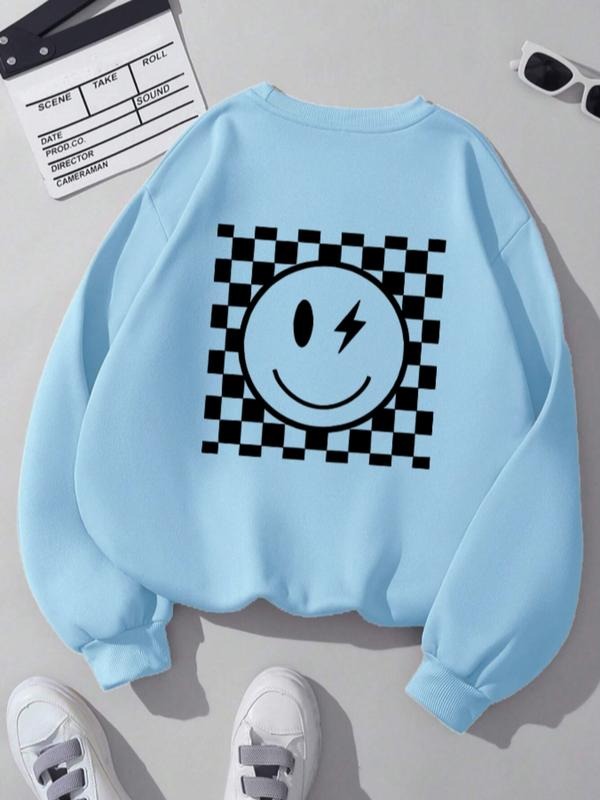 Women's Casual Loose-Fit Round Neck Cartoon Smiley Face Print Pullover Sweatshirt, Fall & Winter Fashion, Moderate Fabric...