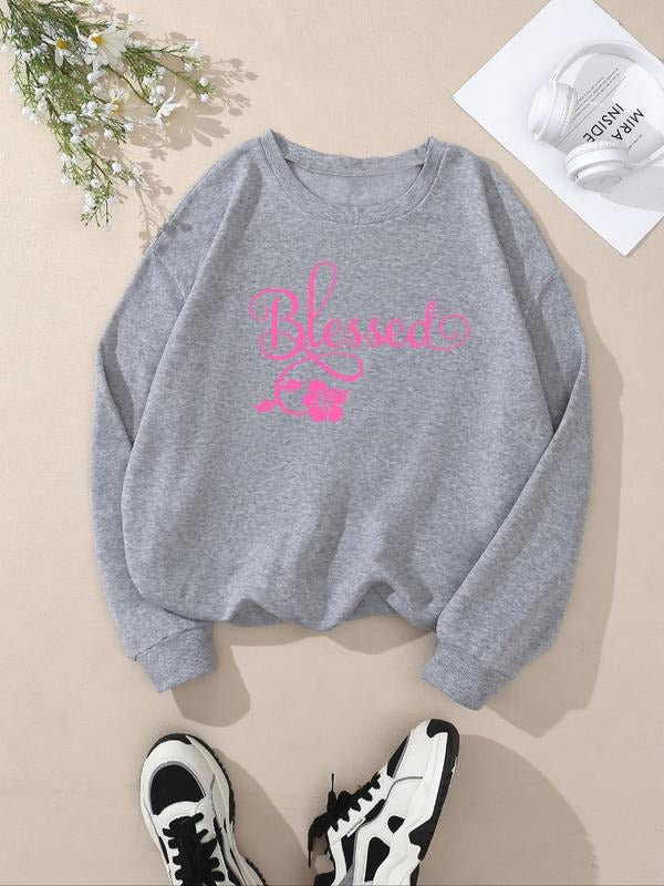 Women's Casual Loose-Fit Round Neck Floral Letter Print Pullover Sweatshirt, Fall & Winter Fashion, Moderate Fabric,...