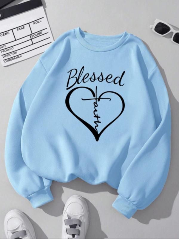 Women's Casual Loose-Fit Round Neck Heart Letter Print Pullover Sweatshirt, Fall & Winter Fashion, Moderate Fabric,...