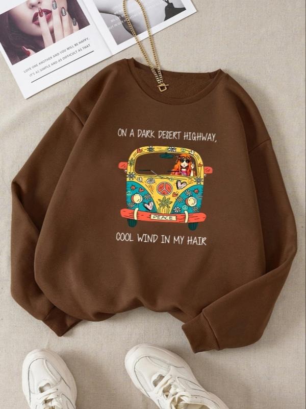 Women's Casual Loose-Fit Round Neck Sweatshirt, Cartoon Bus Letter Print Pullover, Fall & Winter Fashion, Moderate Fabric...