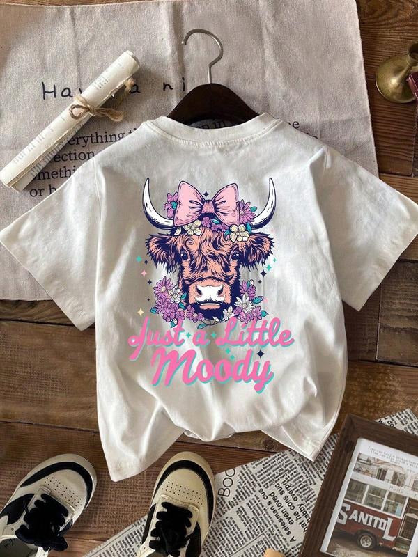 Women's Casual Loose Fit Round Neck T-Shirt, Bow Highland Cow Pattern, Short Sleeve, Fashionable and Comfortable Top...