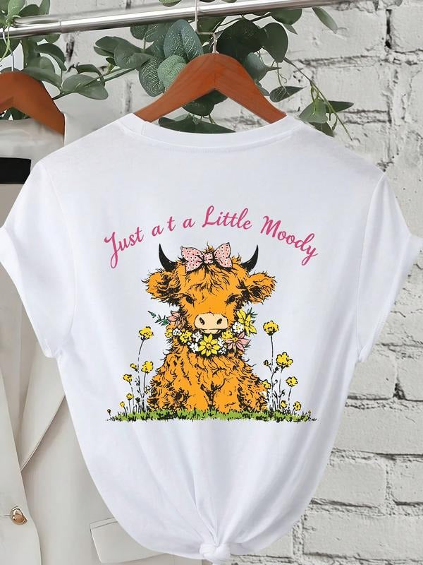 Women's Casual Loose Fit Round Neck T-Shirt, Bow Highland Cow Print, Short Sleeve, Fashionable Comfortable Top for Daily...