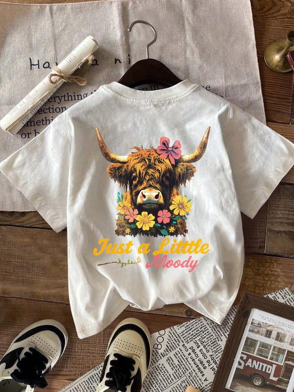 Women's Casual Loose Fit Round Neck T-Shirt, Floral Highland Cow & Letter Print, Short Sleeve, Fashionable Comfortable...