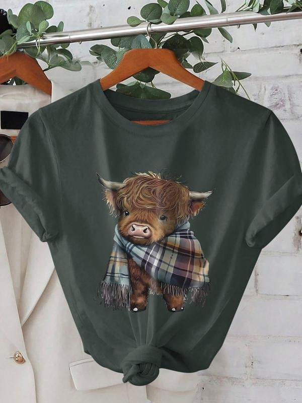 Women's Casual Loose Fit Round Neck T-Shirt, Highland Cow Print Scarf, Fashionable Comfortable Versatile Top for Daily...