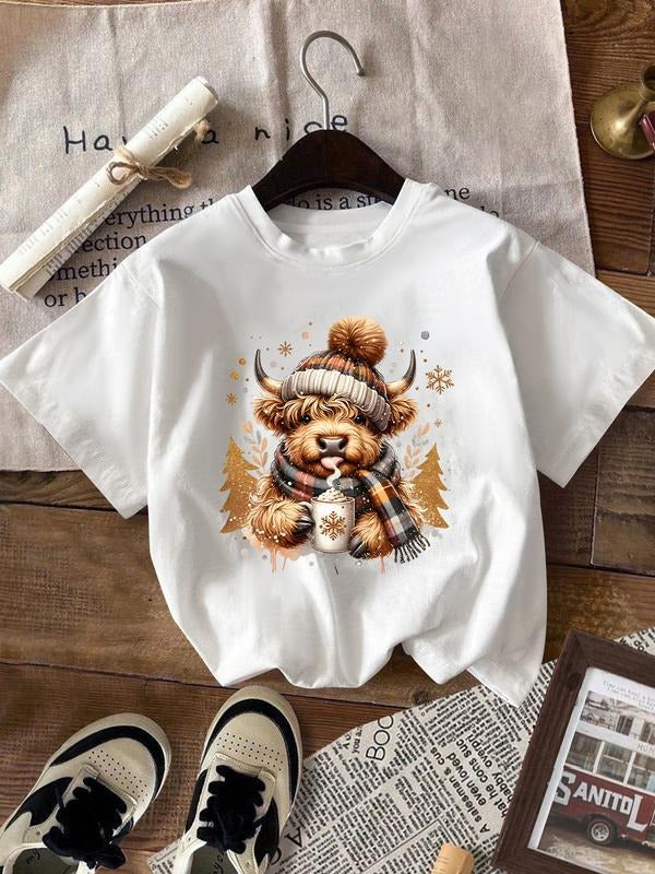 Women's Casual Loose Fit Round Neck T-Shirt, Leaf Highland Cow Print, Short Sleeve, Comfortable and Versatile Top for...