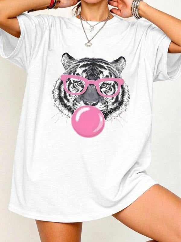 Women's Casual Loose Fit T-Shirt Top, Tiger Print, Summer Comfort Fashion, Butterfly Letter Pattern, Stylish and Trendy...