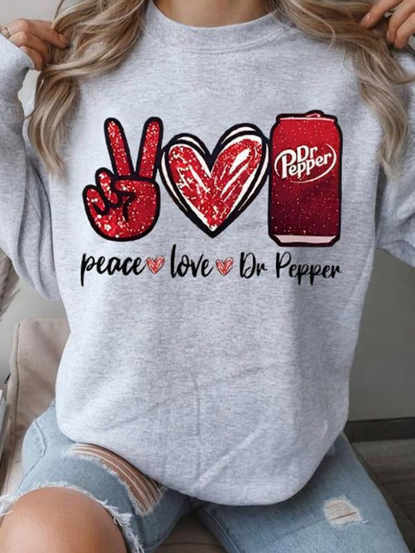 Women's Casual Peace Love Heart Pattern Hoodie, Soft Long Sleeve Round Neck Sweatshirt, All-Season Comfort T-Shirts