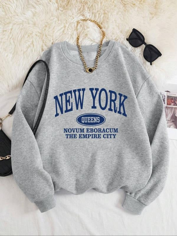 Women's Casual Pullover Sweatshirt, New York Letter Print, Fall & Winter Round Neck Top, Comfortable and Fashionable,...