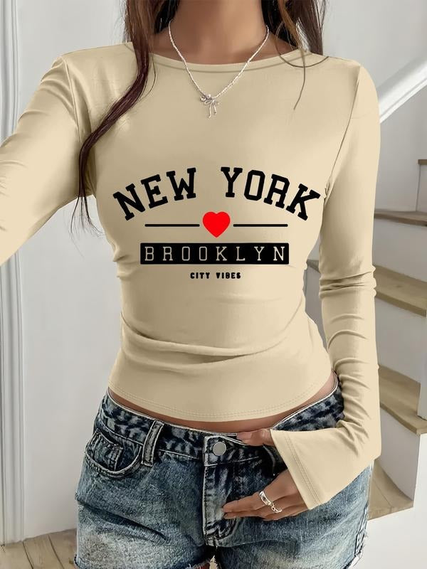 Women's Casual Round Neck Long Sleeve T-Shirt, New York Letter Print, Short Style, All Seasons Wear, Comfortable Daily...