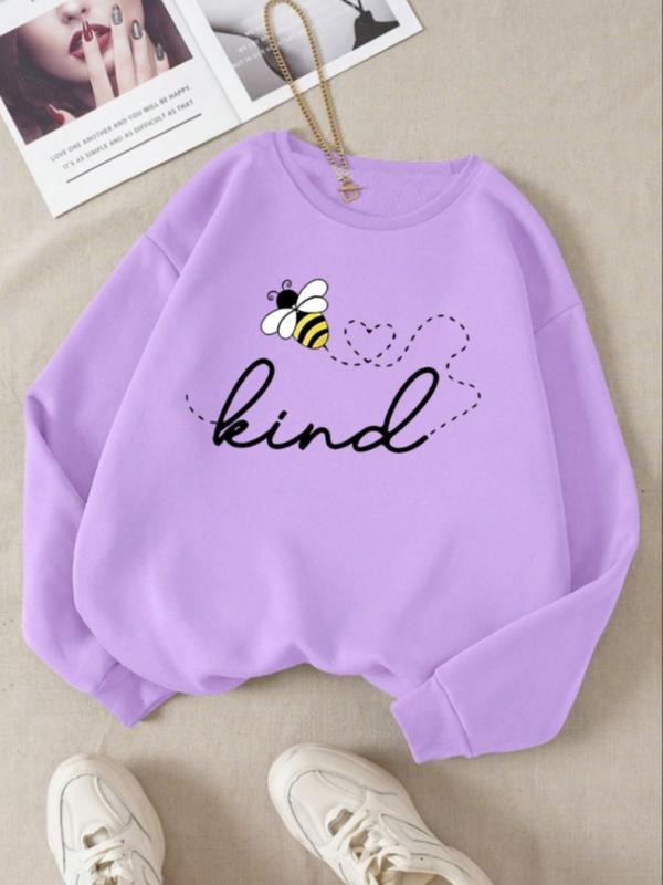 Women's Casual Round Neck Loose Fit Cartoon Bee Letter Print Pullover Sweatshirt, Fall & Winter Fashion, Moderate Fabric...
