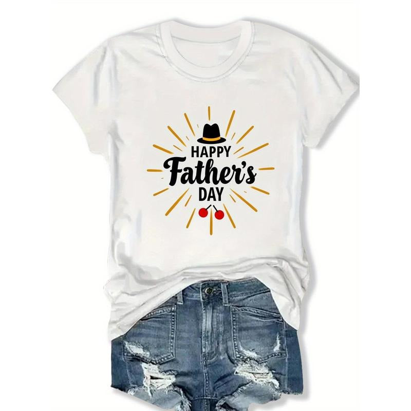 Women's Casual Short Sleeve Round Neck T-Shirt - Happy Father's Day Letter Print with Red Cherries & Sunburst Design,...
