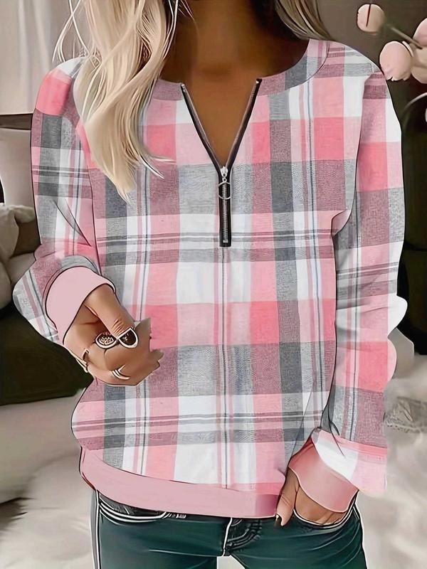 Women's Casual V-Neck Long Sleeve Plaid Sweatshirt, Perfect Choice for Spring and Autumn, Stylish and Comfortable Fashion...