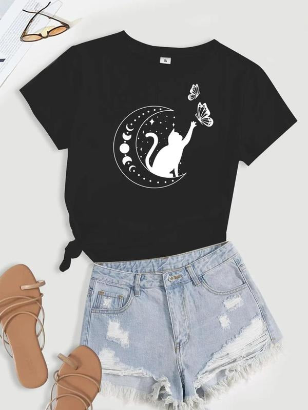 Women's Cat & Butterfly Print Short Sleeve Tee, Moon Print Round Neck T-shirt For Summer, Casual Fashion Top For Women...