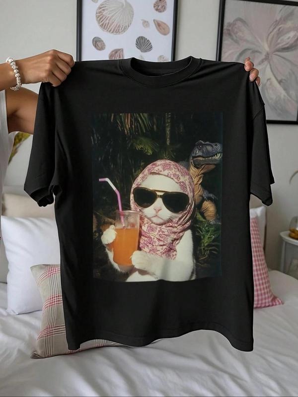 Women's Cat & Drink Print Round Neck Tee, Fashion Casual Crew Neck T-Shirt for Daily Holiday Vacation Outdoor Wear,...