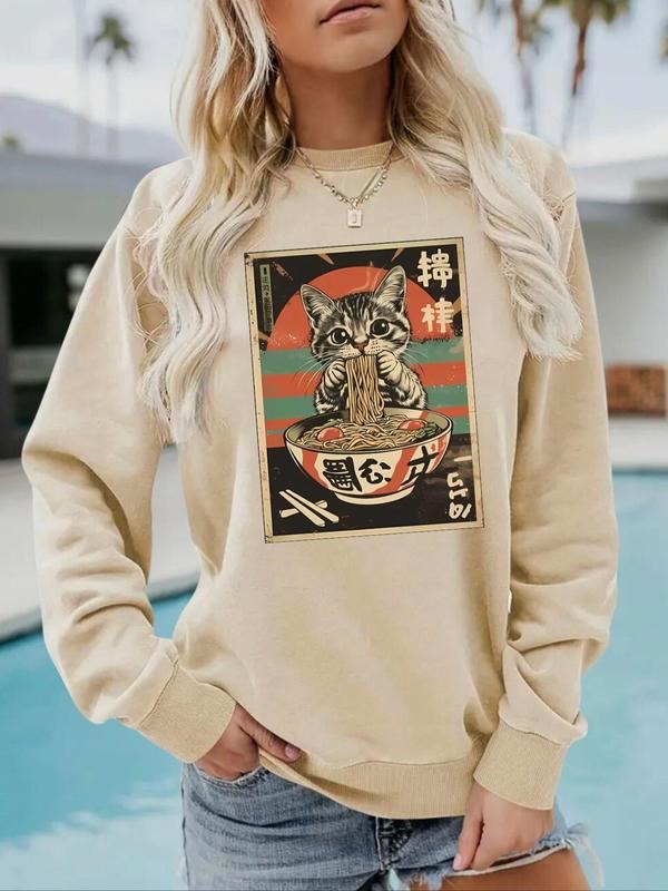 Women's Cat & Japanese Noodle Print Crew Neck Sweatshirt, Casual Long Sleeve Pullover for Fall & Winter, Fashion Women's...