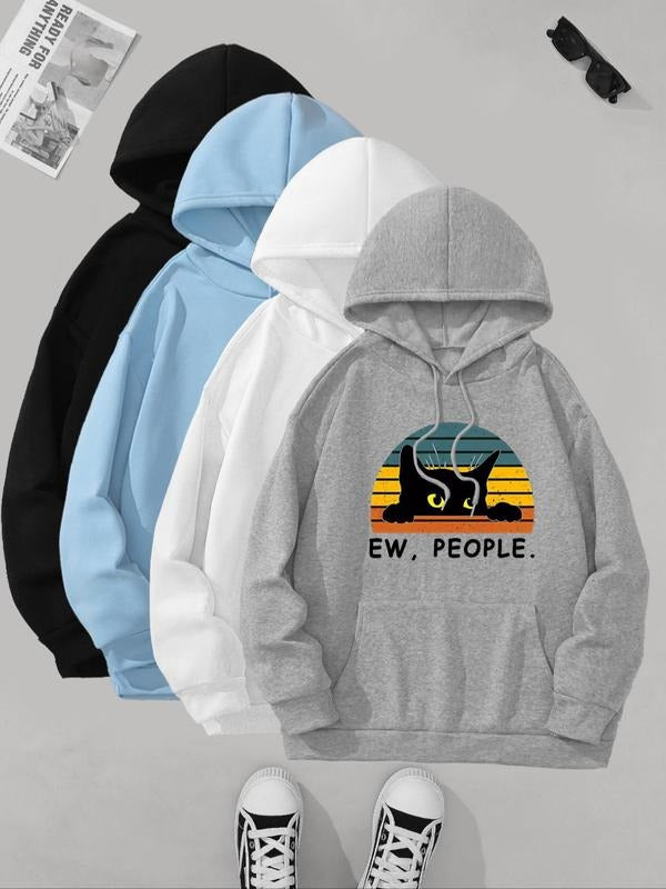 Women's Cat & Letter Print Drop Shoulder Hoodie, Cute Drawstring Kangaroo Pocket Hooded Sweatshirt for Daily Holiday...