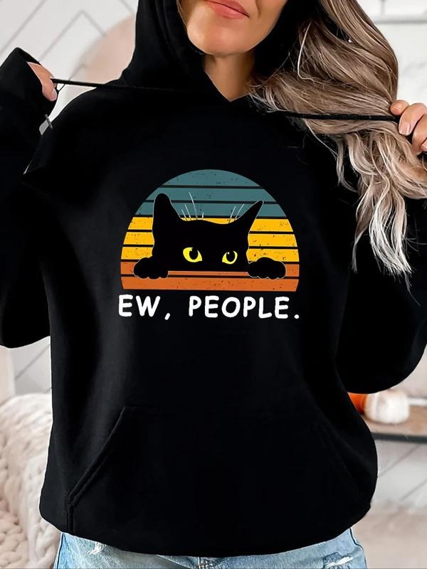 Women's Cat & Letter Print Drop Shoulder Hoodie, Cute Drawstring Pocket Hooded Sweatshirt for Daily Holiday Outdoor Wear,...